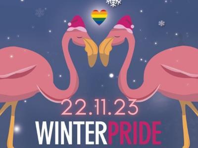 Gezeichnetes Bild mit zwei pinken Flamingos, Schriftzüge: 22.11.22 und Winter Pride